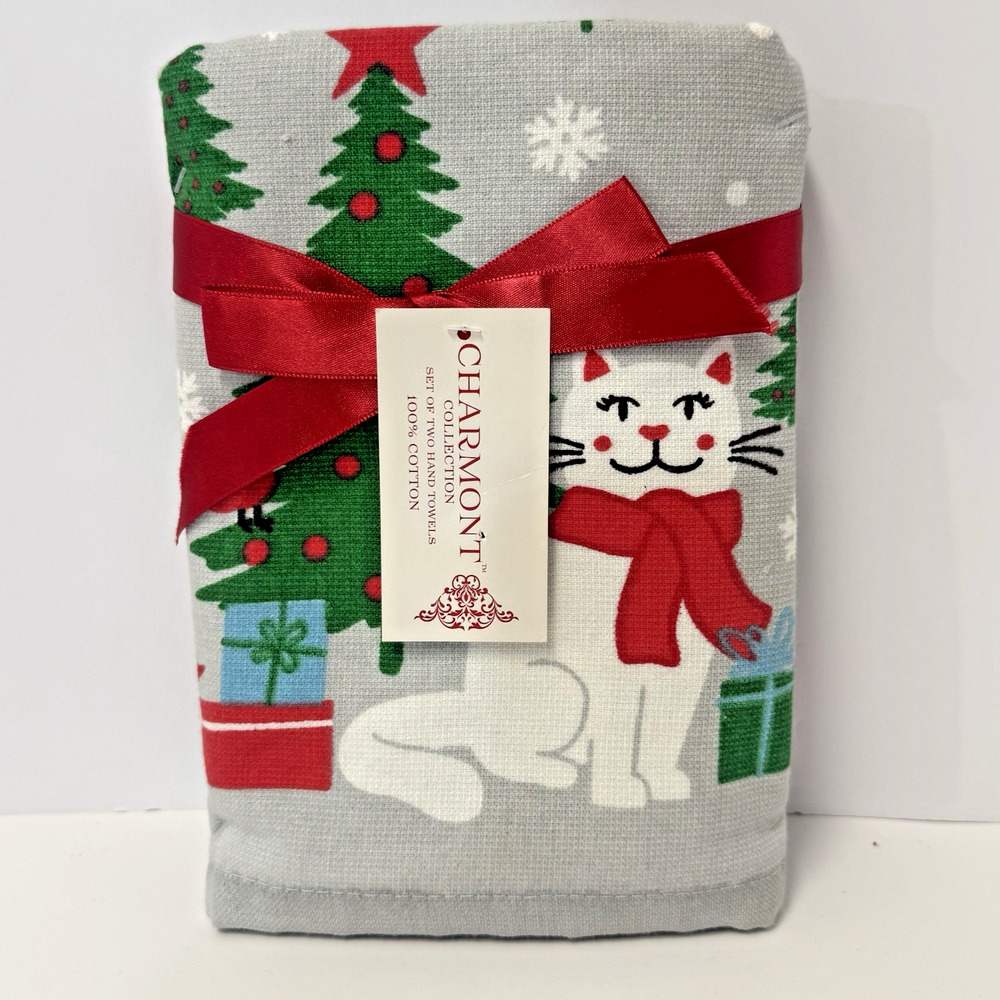 Charmont Collection Christmas Cats Kitties 2 New Terrycloth Cotton Hand Towels